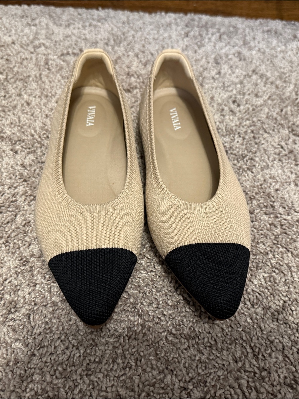 VIVAIA Aria Pointed Toe Flats Beige with Black Toe Cap